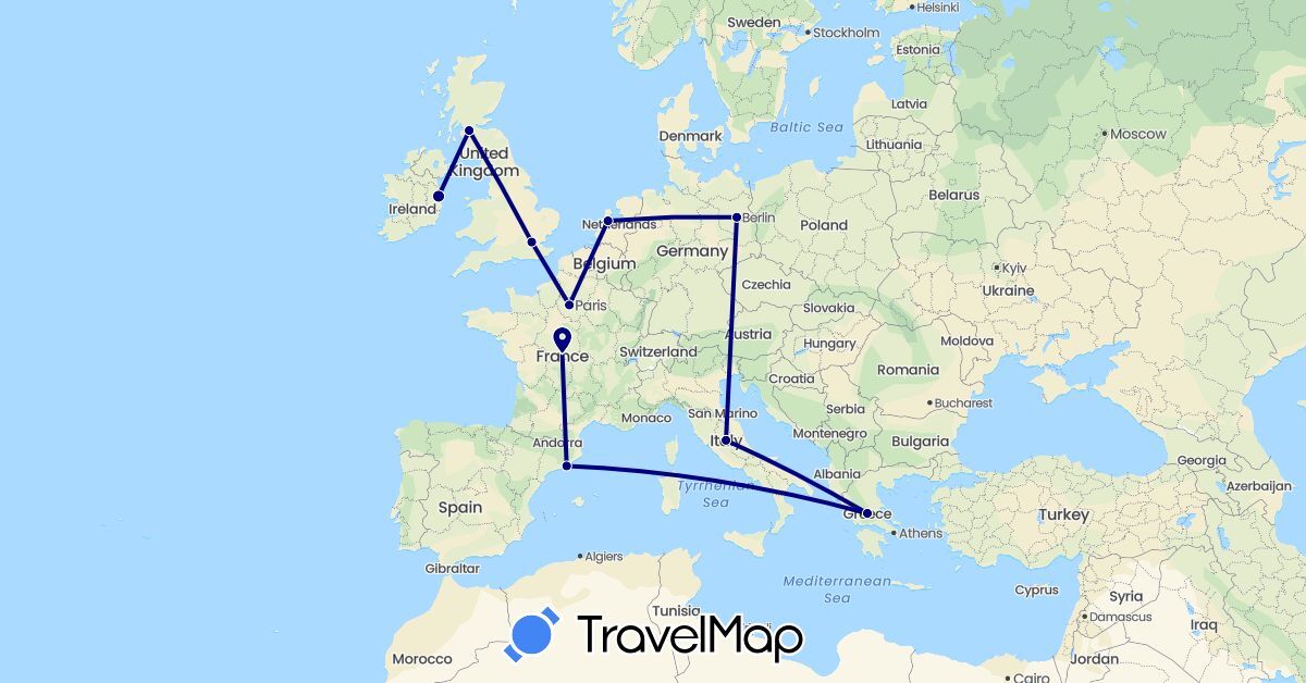TravelMap itinerary: driving in Germany, Spain, France, United Kingdom, Greece, Ireland, Italy, Netherlands (Europe)
